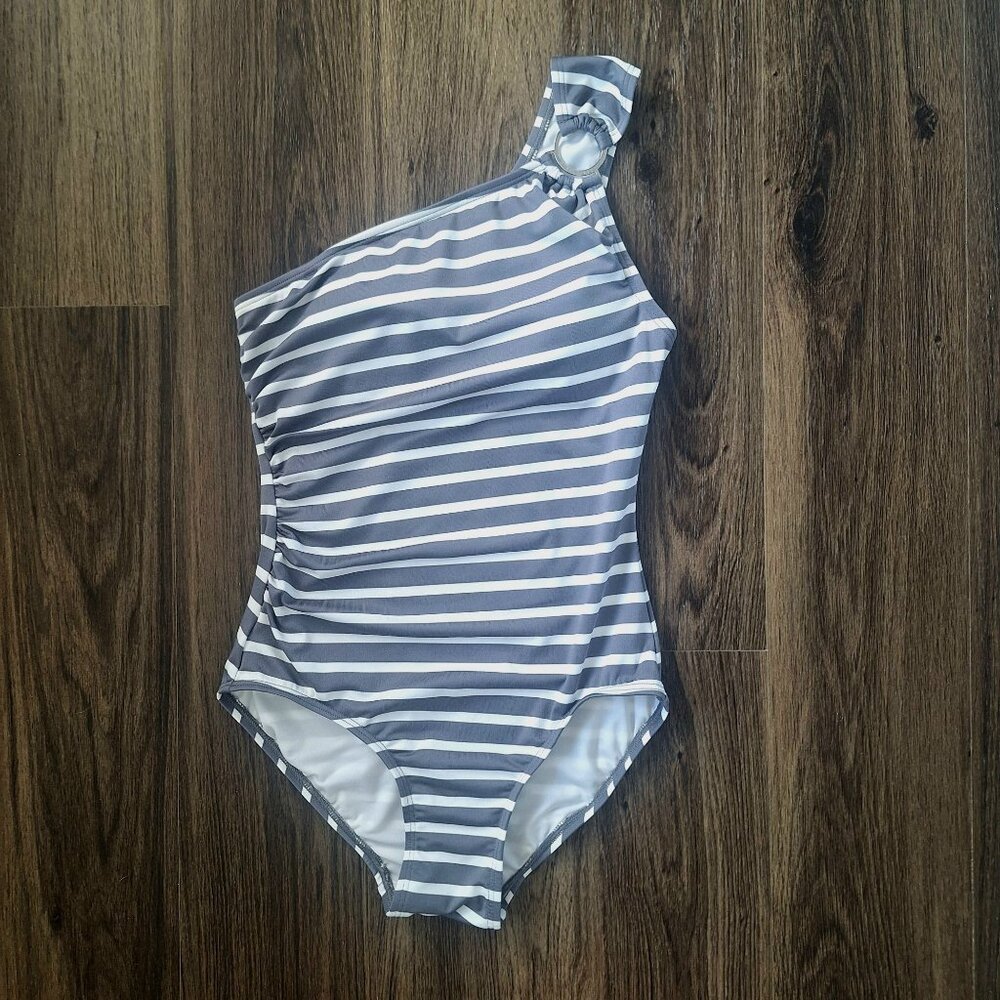 Michael Kors Gray and White Striped One-Shoulder Swimsuit